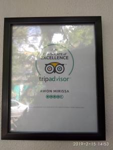 Certifikát, hodnocení, plakát nebo jiný dokument vystavený v ubytování Awon Mirissa