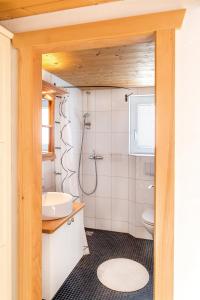 a bathroom with a toilet and a sink at Apartment Turmzimmer in Langwies