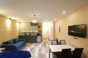 sala de estar con sofá azul y cocina en New Gudauri Loft2 #433 en Gudauri