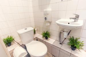 La salle de bains est pourvue de toilettes, d'un lavabo et de plantes. dans l'établissement Pogo Hostel, à Vilnius