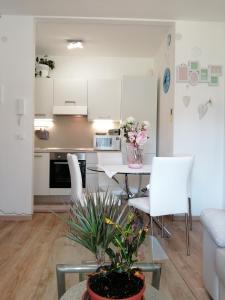 Cosy Apartment في غرادو: مطبخ وغرفة معيشة مع طاولة وكراسي