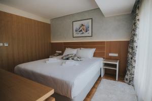 ein Hotelzimmer mit einem Bett und einem Tisch in der Unterkunft Hotel Bellevue in Trebinje