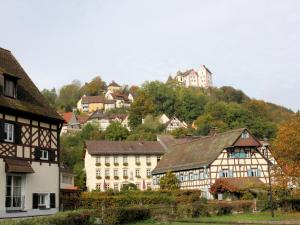 un gruppo di edifici in una città su una collina di Pension Mühle a Egloffstein