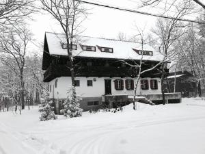 une maison recouverte de neige dans une cour dans l'établissement House of Finn Juhl Hakuba, à Hakuba