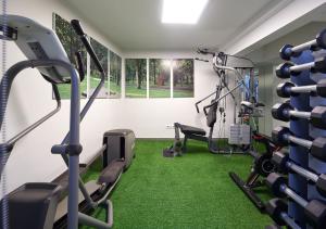 a gym with tread machines and green carpet at Hotel Arrizul Congress in San Sebastián