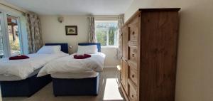 a bedroom with two twin beds and a dresser at Plas Penaeldroch Manor in Dolwyddelan