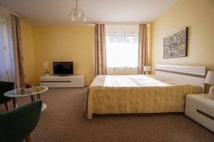a bedroom with a bed and a tv and a table at Egliu Slenis in Juodkrantė