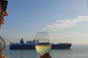 フリシンゲンにあるStudio Zeezichtの船頭にワインを一杯持つ者