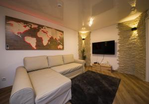 salon z kanapą i telewizorem z płaskim ekranem w obiekcie Landmann Apartment Metzingen w mieście Metzingen