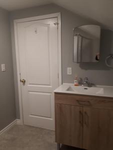 a bathroom with a white door and a sink at Willow B Inn in Kingsville