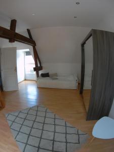 ein Wohnzimmer mit einem Bett und einem Spiegel in der Unterkunft Au bonheur des Anes - Gîte Topaze in Le Quesnoy-en-Santerre