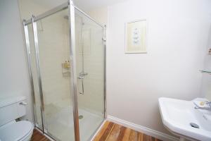 a bathroom with a shower and a toilet and a sink at The Bugle Inn Twyford in Winchester