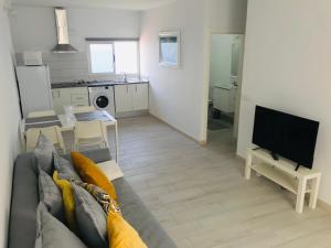 sala de estar con sofá y TV en Caleta Soul Apartment, en Puerto de Santiago