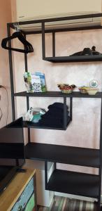 a black bunk bed with three shelves on a wall at JaBaKi Green Studio in Hoofddorp