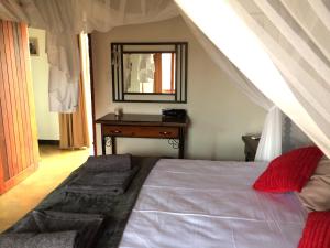 um quarto com uma cama e uma cómoda com um espelho em The Cheetah Rest em Hoedspruit