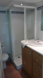 La salle de bains est pourvue d'une douche, d'un lavabo et de toilettes. dans l'établissement Gîte L'Olivier (Bastide Sainte Agnès), à Carpentras