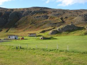 un campo verde con una casa y una montaña en Ásbrandsstadir Cottage, en Vopnafjörður