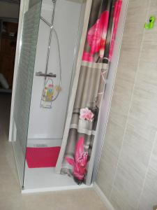- un rideau de douche avec une fleur rose dans la chambre dans l'établissement l'ancienne épicerie, à Oradour-sur-Glane