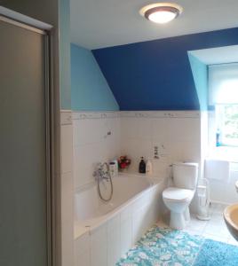 een badkamer met een bad en een toilet bij Villa De Ruiter in Waasmunster