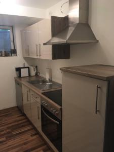uma cozinha com um lavatório e um fogão forno superior em L&L Lodge Günding em Günding