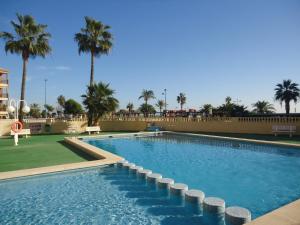 a large swimming pool with palm trees in the background at Apartamentos Alboran 4/6 LEK in Peñíscola