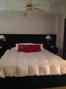 ブラガドにあるHOTEL COLL OFICIAL - BRAGADO Provincia de Bs Asのベッドルーム(白い大型ベッド1台、黒いヘッドボード付)