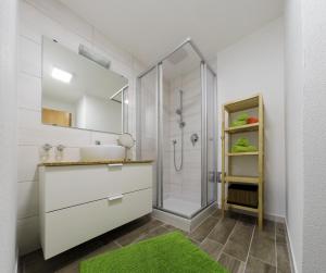 La salle de bains est pourvue d'un lavabo et d'une douche. dans l'établissement Haus Binder, à Neustift im Stubaital