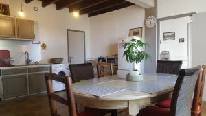 una cocina con una mesa con una planta en Domaine de la belle Lurette, en Saint-Pierre-dʼAurillac