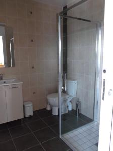 a bathroom with a toilet and a glass shower at villa marine 2 in Jullouville-les-Pins +22 photos