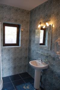 a bathroom with a sink and a mirror at Pensiunea Bogdan in Novaci