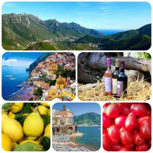 a collage of pictures with different types of food and wine at Il Raduno in Tramonti