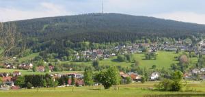 uma pequena cidade numa colina com uma montanha em Pension Leppert em Bischofsgrün