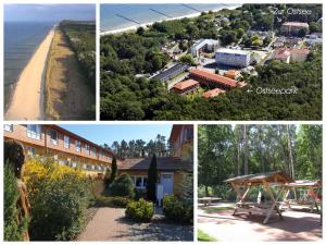 eine Collage mit vier Bildern von Gebäuden und einer Straße in der Unterkunft Ostseepark Zempin in Zempin