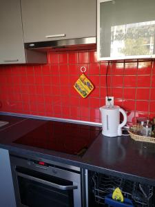 uma cozinha com paredes de azulejos vermelhos e uma bancada em Emilka em Suwałki