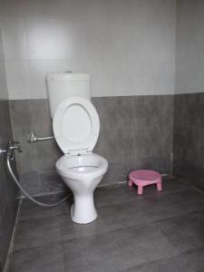 a bathroom with a toilet and a pink stool at Hotel Dimple in Mount Ābu