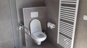 a bathroom with a white toilet in a stall at Het Logie Moment in Langemark +25 photos