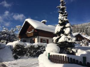 dom pokryty śniegiem obok drzewa w obiekcie Ferienhaus Alpennest w mieście Radstadt