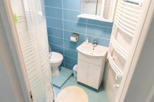 Baño pequeño con aseo y lavamanos en Dora apartment near Buda Castle with PARKING!, en Budapest