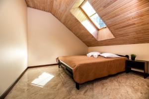 什文托伊的住宿－Jūros vila，一间卧室配有一张床和天窗
