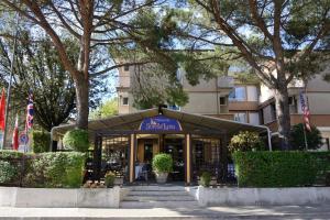 a entrance to a hotel with trees and flags at Hotel Frate Sole in Assisi