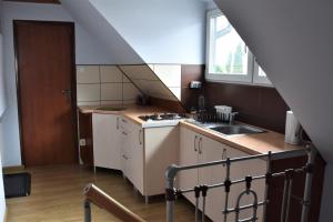 a small kitchen with a sink and a stove at Ziołowy Zakątek in Jedlina-Zdrój