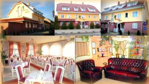 four pictures of a restaurant with tables and chairs at Oázis Hotel Étterem in Kiskunfélegyháza