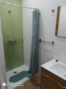 ein Bad mit Dusche und Duschvorhang in der Unterkunft Casa Los Caños de Setenil in Setenil de las Bodegas