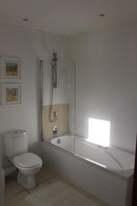 a bathroom with a shower and a toilet and a sink at Oyster bay beach house in Oyster Bay