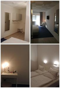 three pictures of a room with a bed and a living room at Hotel Panorama in Niederfüllbach