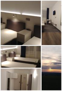 eine Collage mit Fotos eines Zimmers mit einem Bett und einem Schreibtisch in der Unterkunft Hotel Panorama in Niederfüllbach