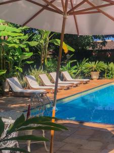 - une piscine avec des chaises longues et un parasol dans l'établissement Pousada Rancho do Ralf, à Pirenópolis