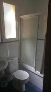 y baño con aseo, ducha y lavamanos. en Hostal los Dos Naranjos, en El Arahal