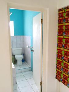een badkamer met een toilet en een blauwe muur bij Porty Hostel in Port Antonio