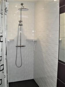 uma casa de banho com chuveiro e cabeça de chuveiro em Meublé classé 3 étoiles em Saint-Brieuc